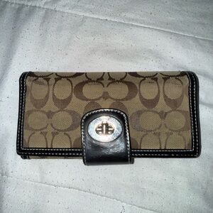 Coach Tan and Black Signature Monogram Turnlock Wallet